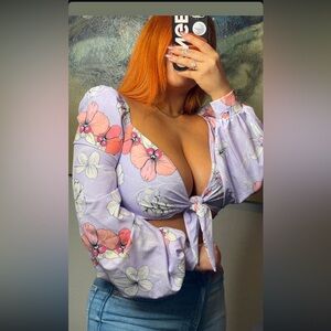 Elegant Floral Tie-Front Blouse - Lavender and Coral